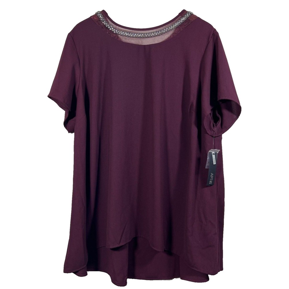 Apt. 9 Women's Top Burgundy Rhinestone Neckline Embellished Blouse Size 2X